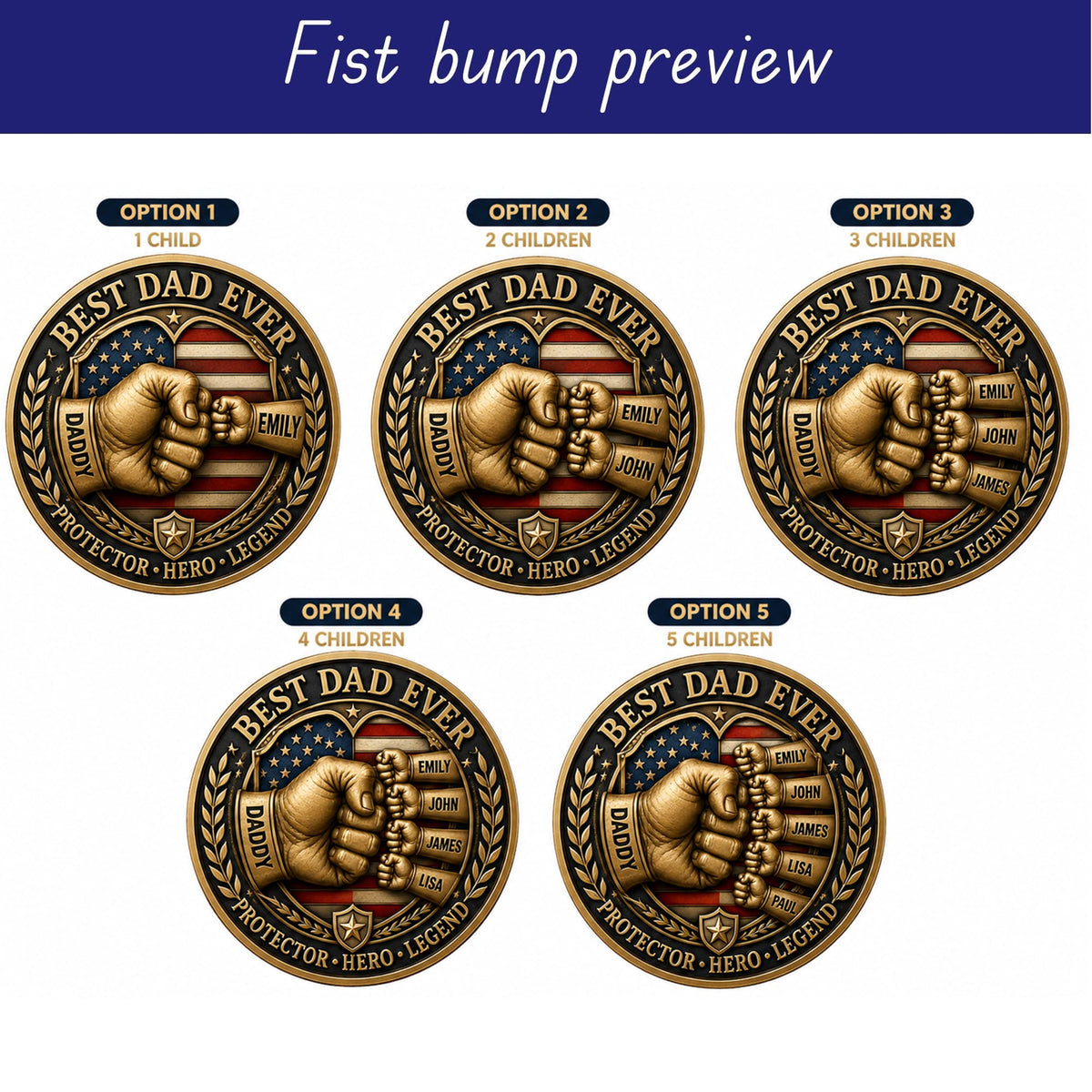 Personalized Best Dad Ever Coin, Custom Kids Names Fist Bump Father's Day