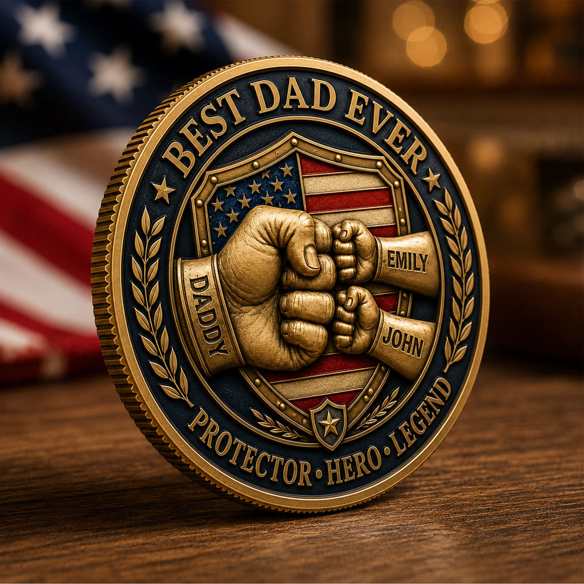 Personalized Best Dad Ever Coin, Custom Kids Names Fist Bump Father's Day