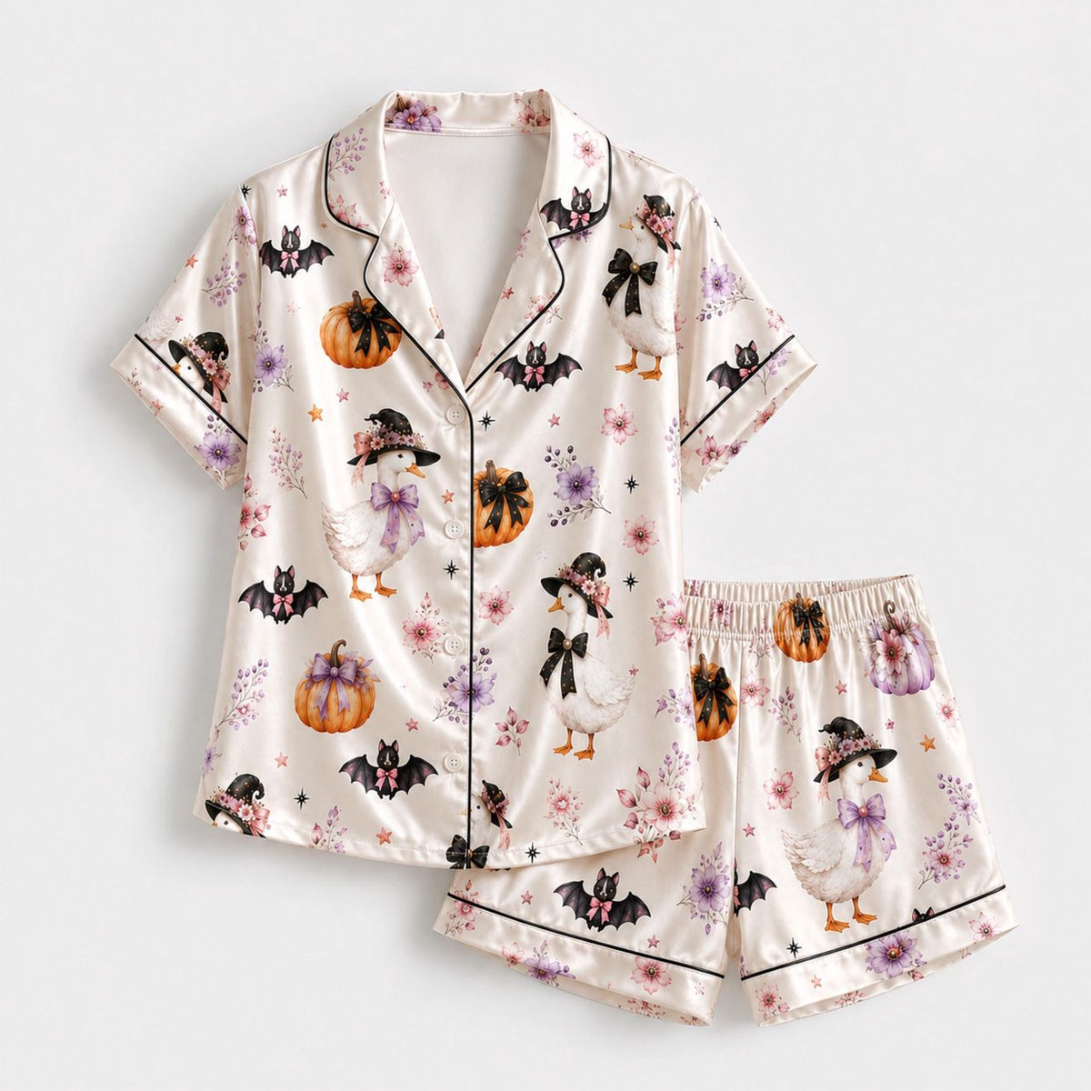 Ultra-Soft Pastel Halloween Pajama Set with Friendly Geese and Bats - Shop Now!