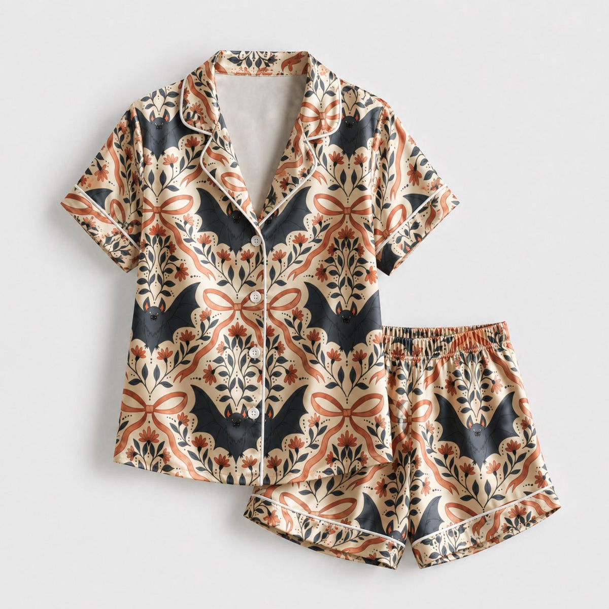 Elegant Alabaster Bat Halloween Pajama Set with Ribbon Motif - Top Bottom Loungewear Collection