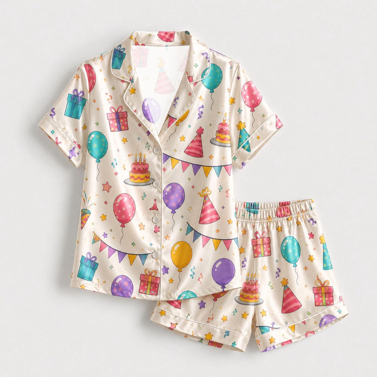 Alabaster Silk Celebration Pajamas: Cake Graphic Short Sleeve Loungewear Collection