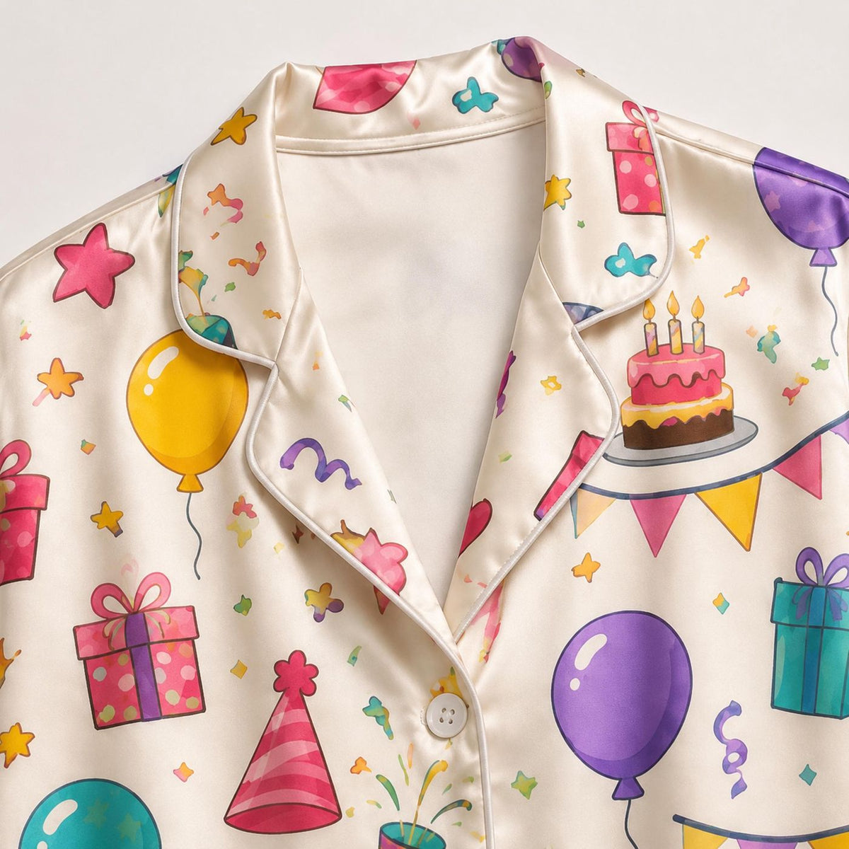 Alabaster Silk Celebration Pajamas: Cake Graphic Short Sleeve Loungewear Collection