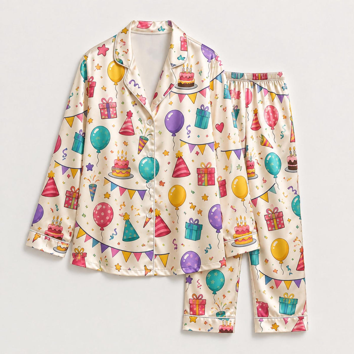 Alabaster Silk Celebration Pajamas: Cake Graphic Short Sleeve Loungewear Collection