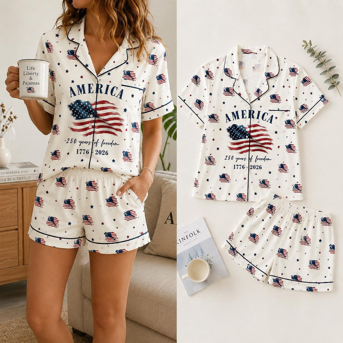 America 1776 2026 Pajama Set for Women, Patriotic Flag Print Sleepwear, 250 Years of Freedom Pajamas, Fourth of July Lounge Set