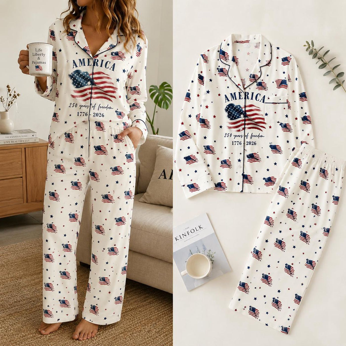 America 1776 2026 Pajama Set for Women, Patriotic Flag Print Sleepwear, 250 Years of Freedom Pajamas, Fourth of July Lounge Set