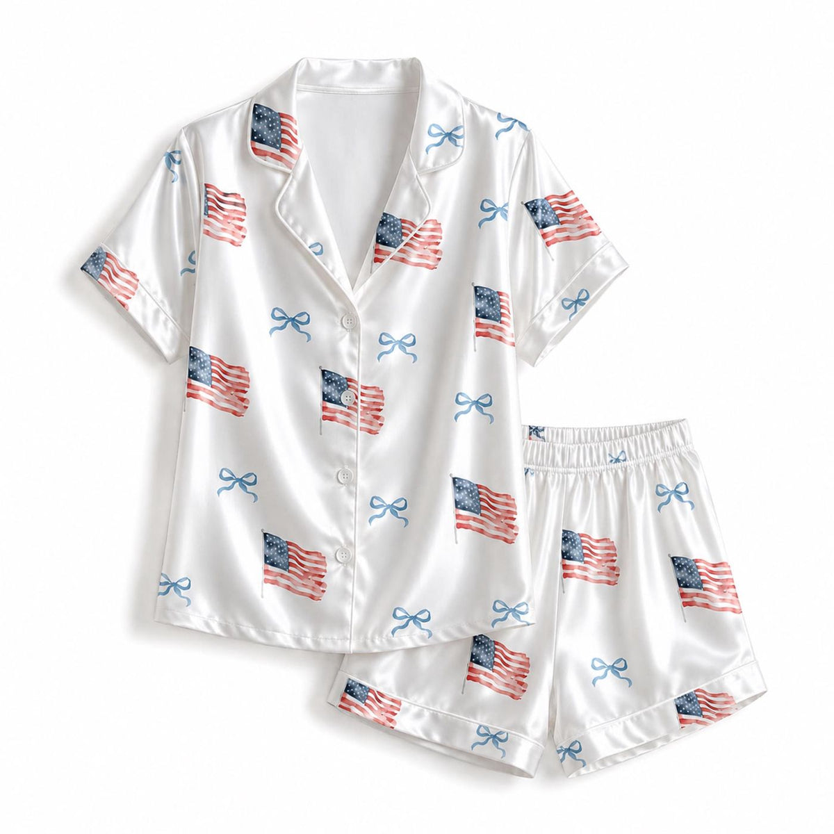 American Flag Satin Pajama Set with Bows and Stars for Cozy Sleepwear