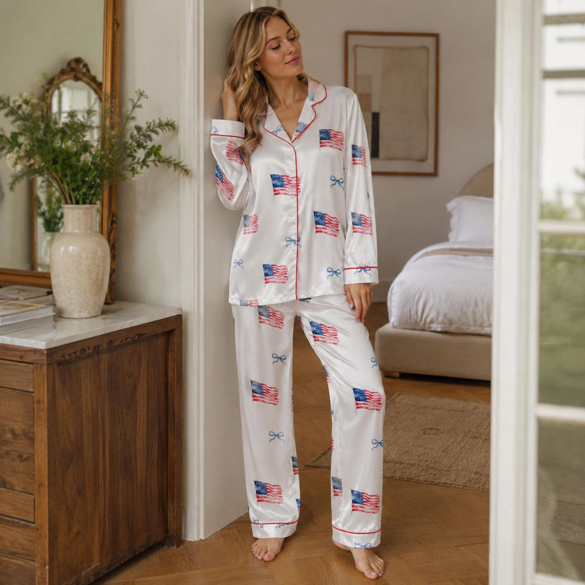 American Flag Satin Pajama Set with Bows and Stars for Cozy Sleepwear