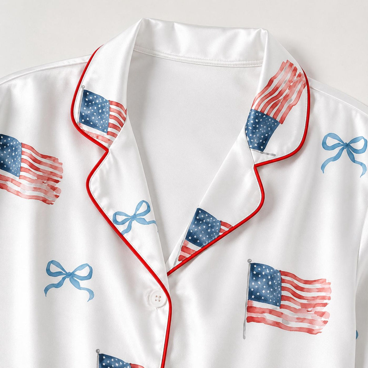 American Flag Satin Pajama Set with Bows and Stars for Cozy Sleepwear