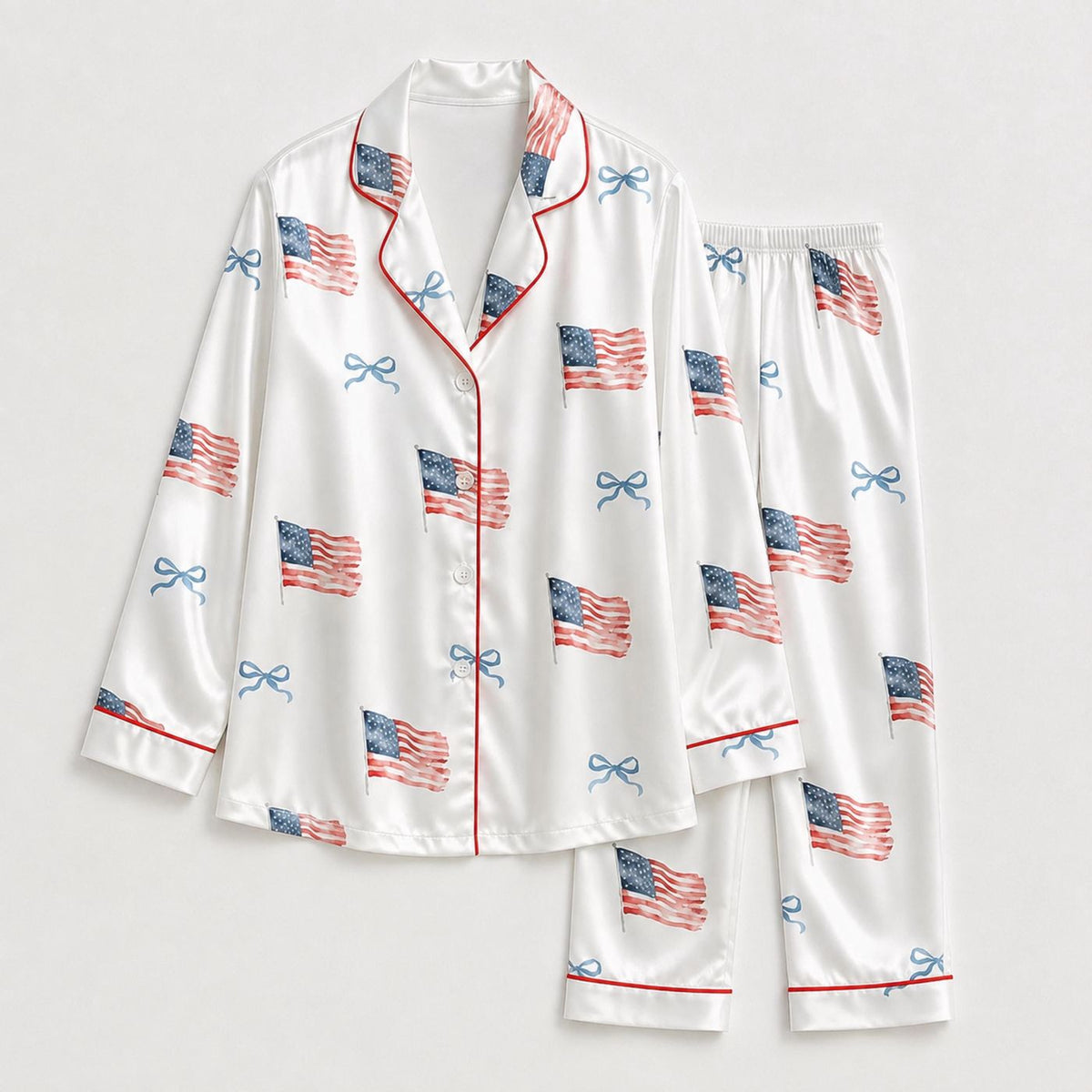 American Flag Satin Pajama Set with Bows and Stars for Cozy Sleepwear