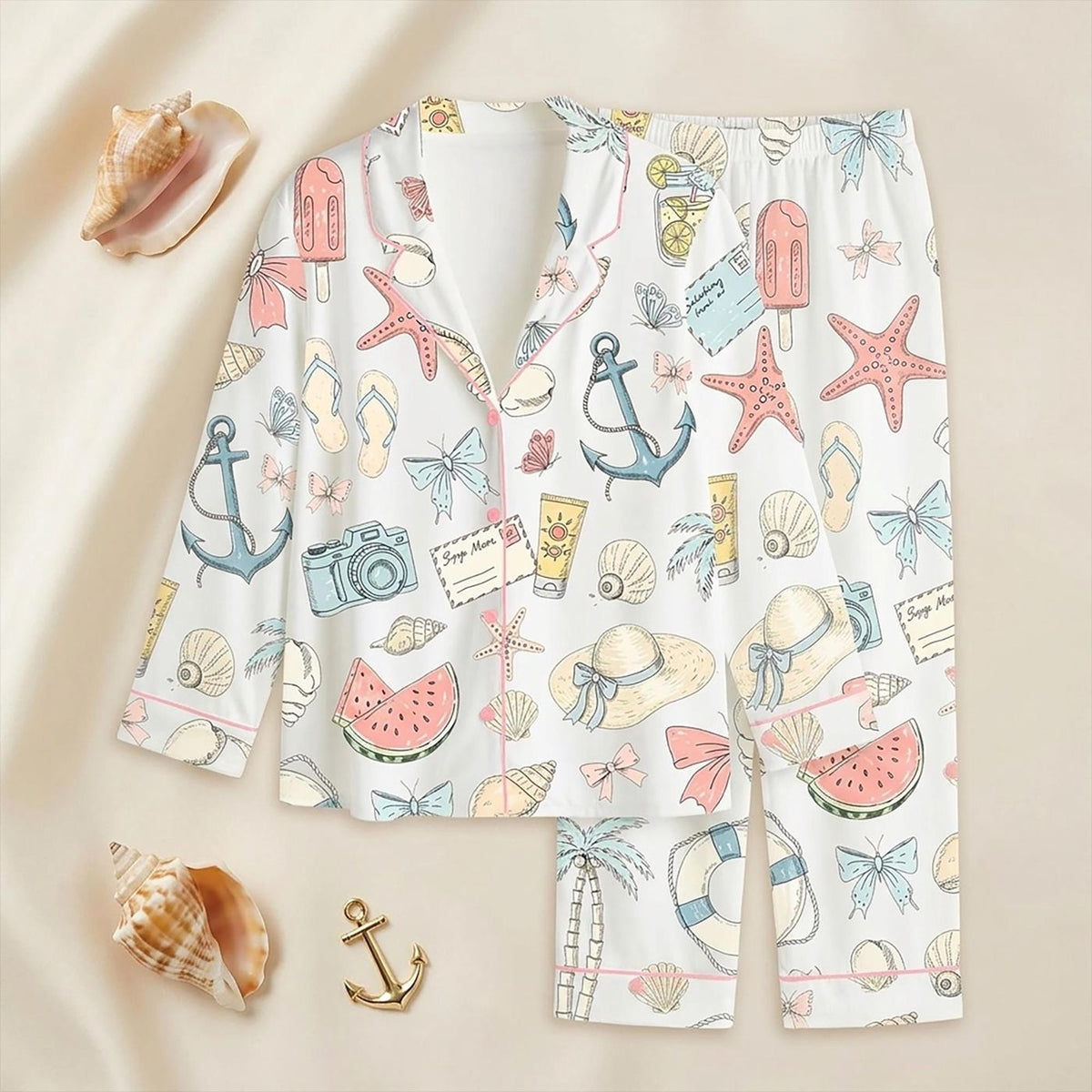 Anchor Starfish Summer Pajamas: Nautical Beach Vacation Sleepwear Set for Her