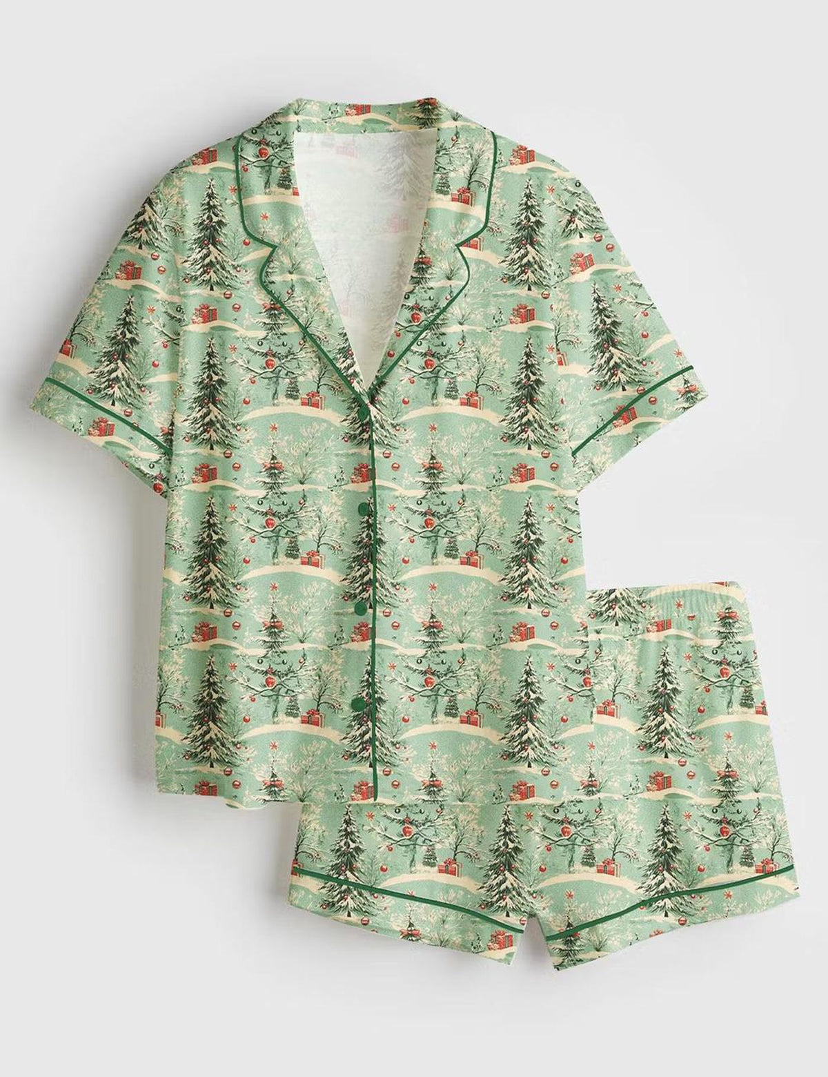 Vintage Green Holiday Satin Pajama Set - Retro Christmas Sleepwear for Women