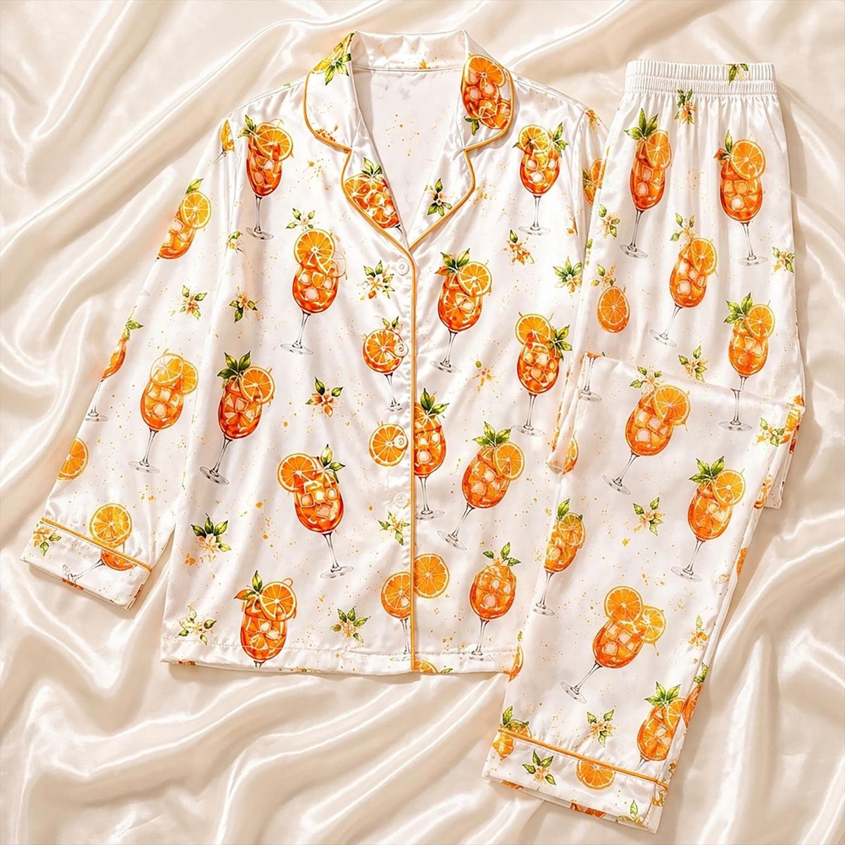 Aperol Spritz Women Pajama Set, Orange Cocktail Satin Sleepwear, Citrus Print PJs, Bachelorette Party Gift Set