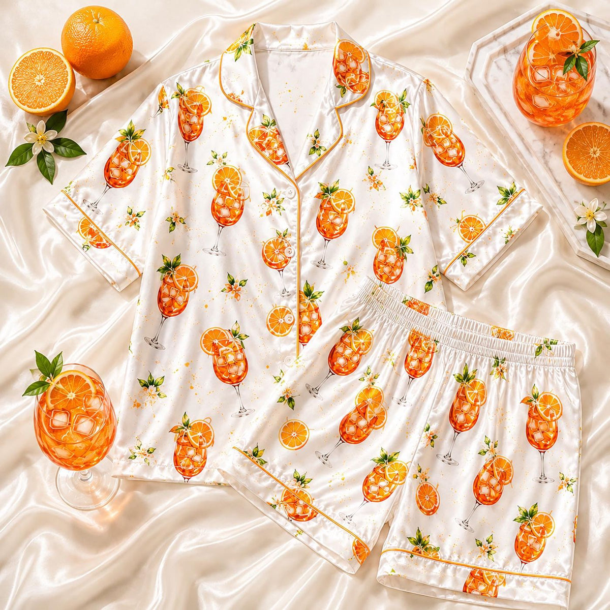 Aperol Spritz Women Pajama Set, Orange Cocktail Satin Sleepwear, Citrus Print PJs, Bachelorette Party Gift Set