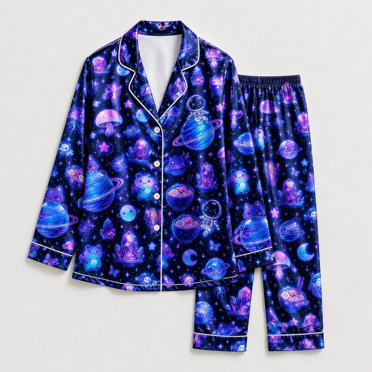 Astronaut Cat Satin Pajama Set with Space Galaxy Pattern - Cozy Sleepwear & Loungewear