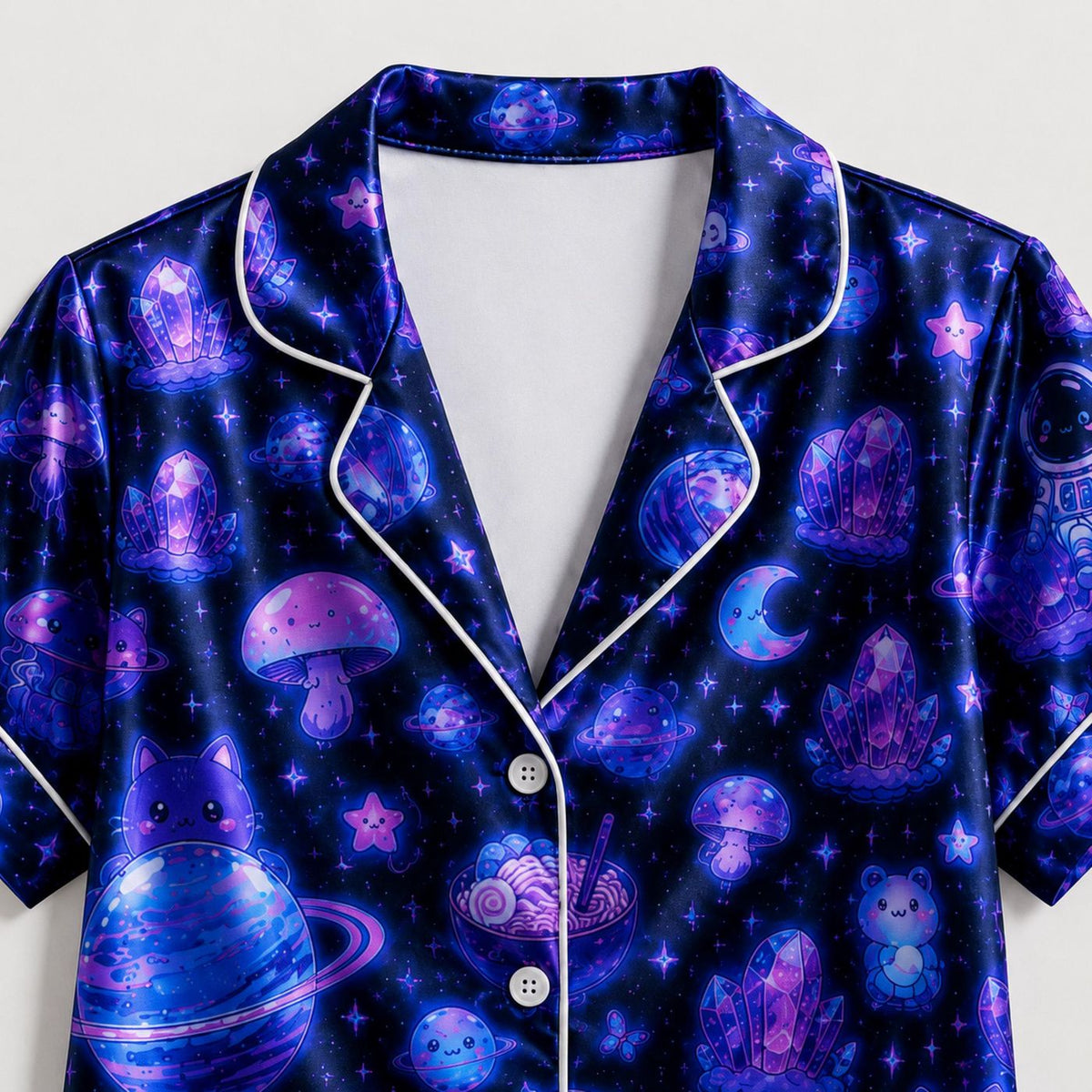 Astronaut Cat Satin Pajama Set with Space Galaxy Pattern - Cozy Sleepwear & Loungewear