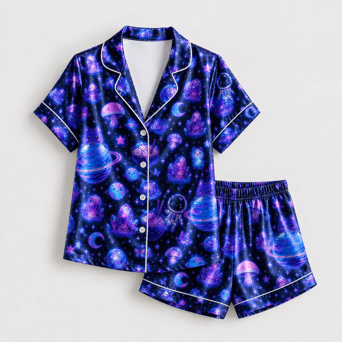 Astronaut Cat Satin Pajama Set with Space Galaxy Pattern - Cozy Sleepwear & Loungewear
