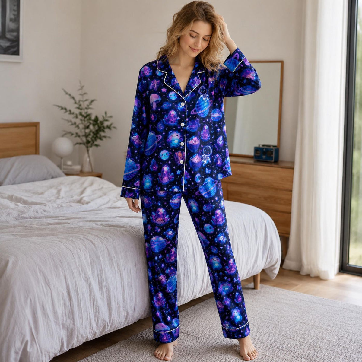 Astronaut Cat Satin Pajama Set with Space Galaxy Pattern - Cozy Sleepwear & Loungewear