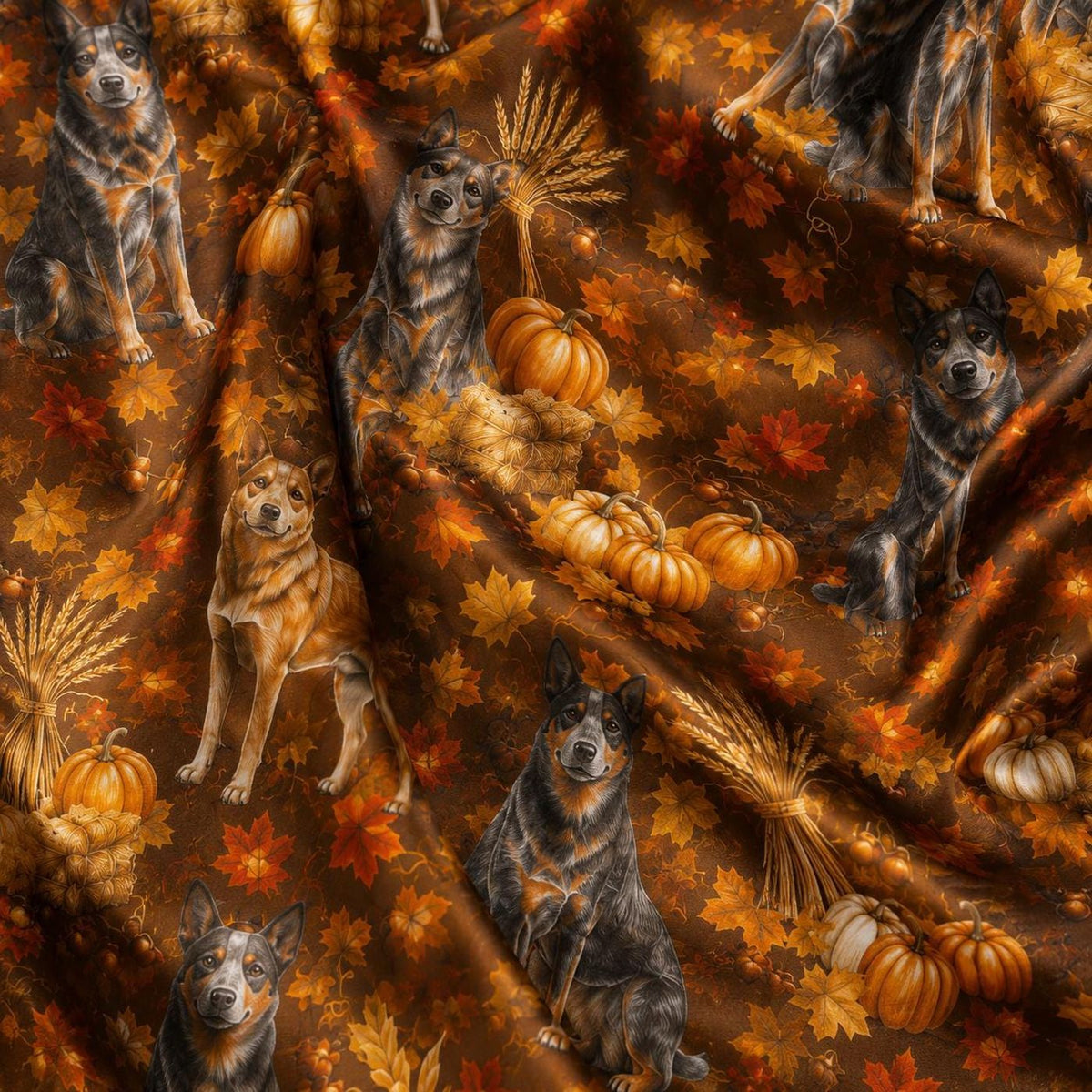Cozy Autumn Cattle Dog Satin Pajama Set with Pumpkin & Fall Leaf Pattern