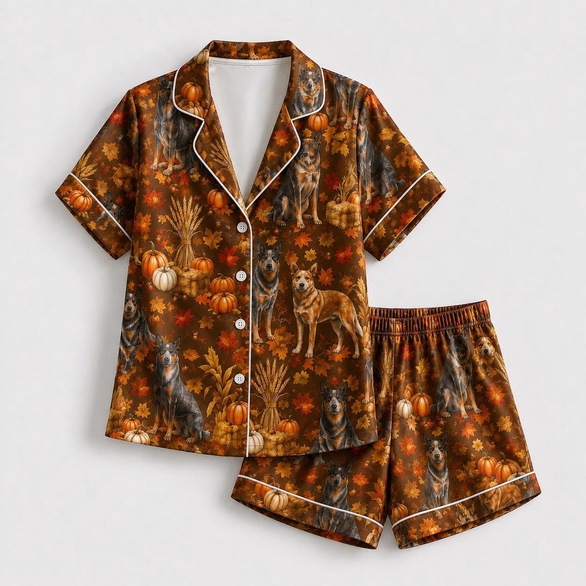 Cozy Autumn Cattle Dog Satin Pajama Set with Pumpkin & Fall Leaf Pattern