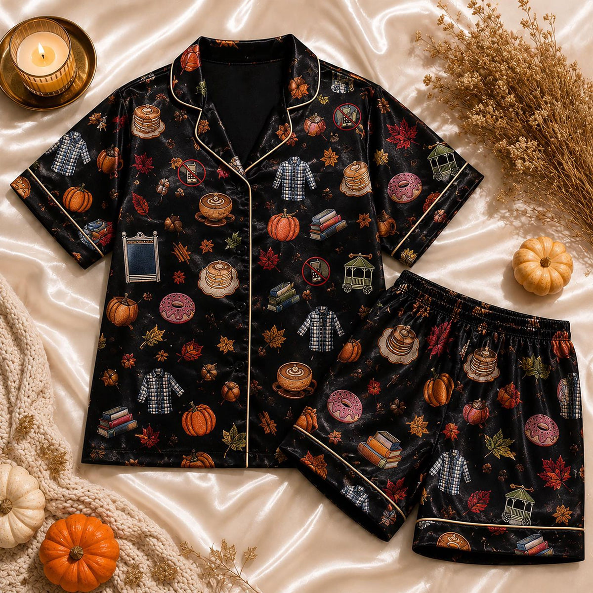 Cozy Fall Gift Set: Autumn Essentials Satin Pajamas & Pumpkin Coffee Bookish Sleepwear for Her