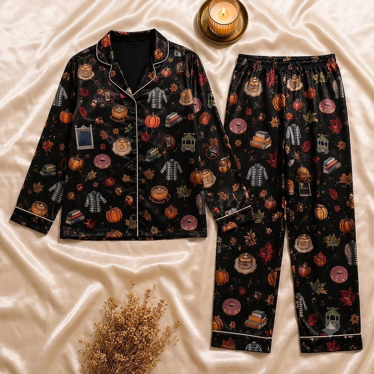 Cozy Fall Gift Set: Autumn Essentials Satin Pajamas & Pumpkin Coffee Bookish Sleepwear for Her
