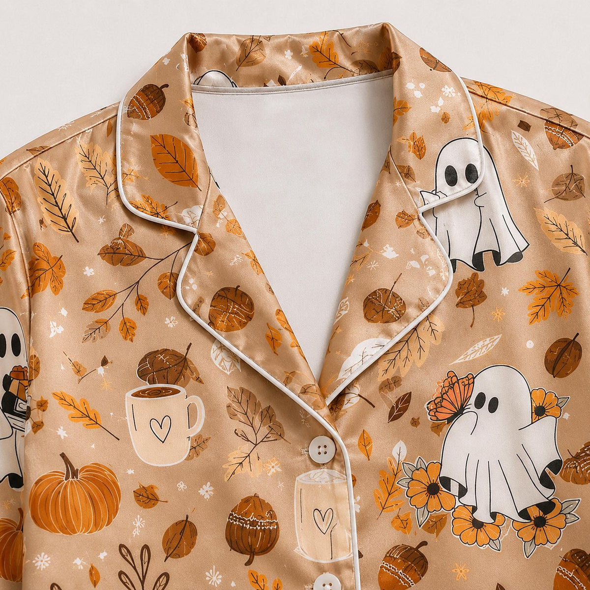 Cozy Autumn Ghost Satin Pajama Set with Pumpkin Coffee Pattern for Fall Sleepwear