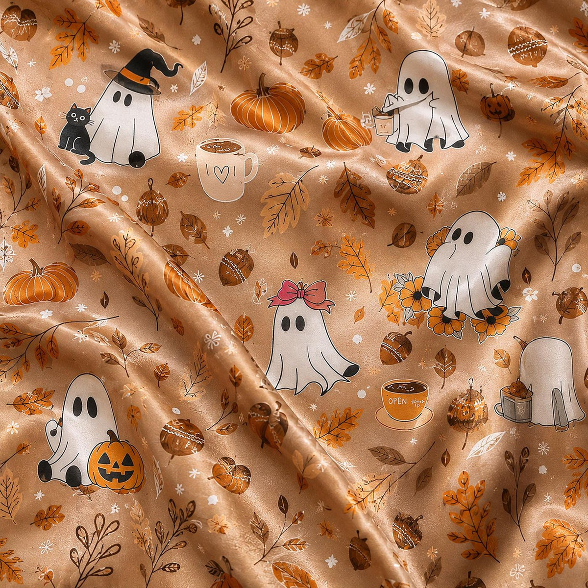 Cozy Autumn Ghost Satin Pajama Set with Pumpkin Coffee Pattern for Fall Sleepwear