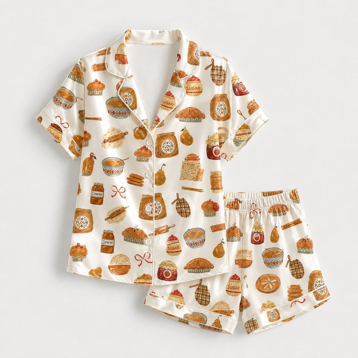 Vintage Pie Pajamas: Bakery Print Satin Sleepwear for Cozy Kitchen Nights