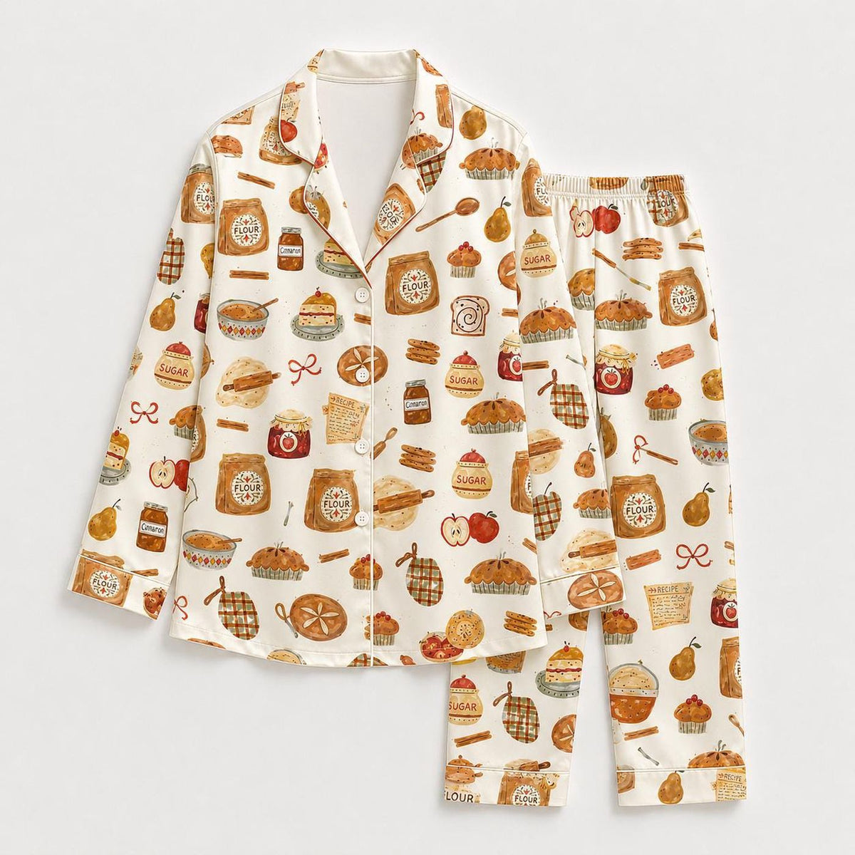 Vintage Pie Pajamas: Bakery Print Satin Sleepwear for Cozy Kitchen Nights