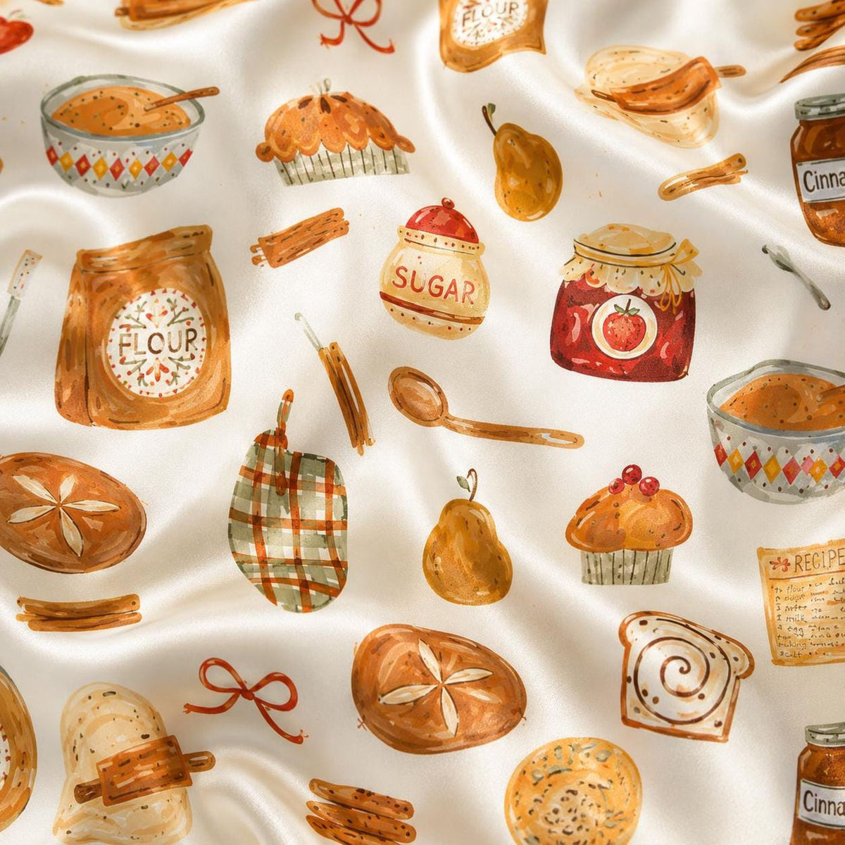 Vintage Pie Pajamas: Bakery Print Satin Sleepwear for Cozy Kitchen Nights