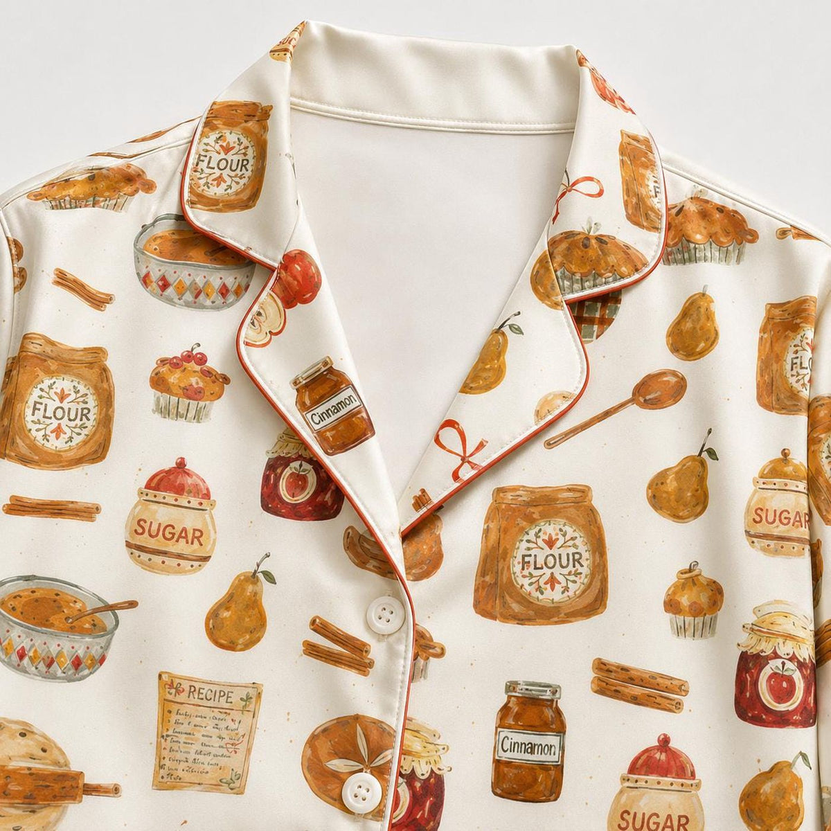 Vintage Pie Pajamas: Bakery Print Satin Sleepwear for Cozy Kitchen Nights