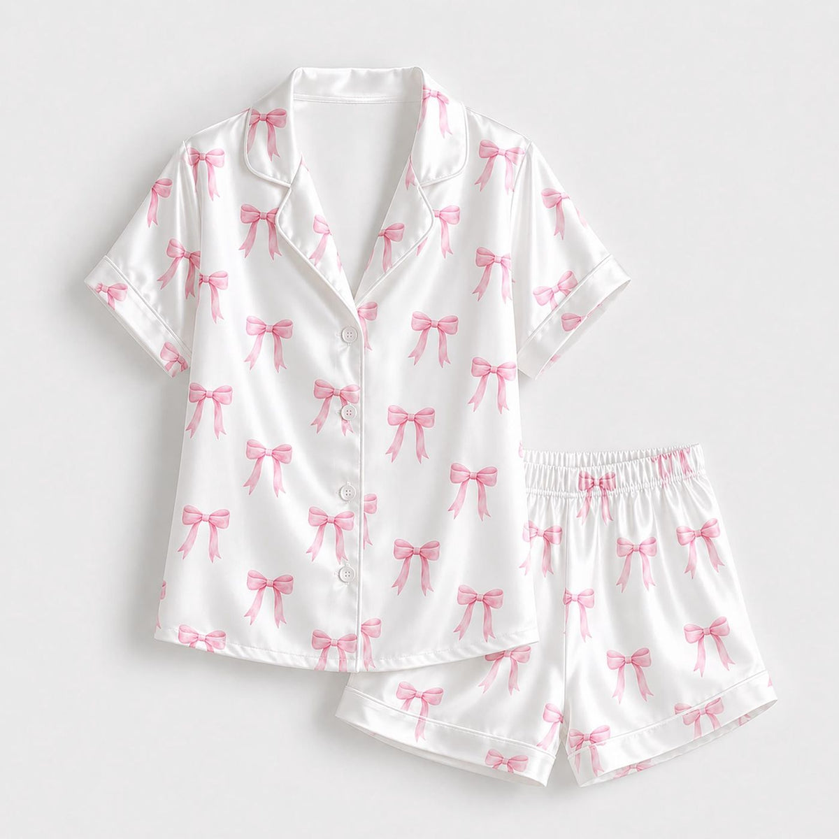 Balletcore Theme Satin Pajama Set with Pink Bow Graphic Pattern - Cozy Nightshirt Pjs Sleepwear Lounge Bundle
