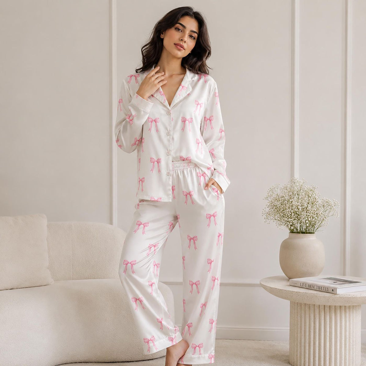 Balletcore Theme Satin Pajama Set with Pink Bow Graphic Pattern - Cozy Nightshirt Pjs Sleepwear Lounge Bundle