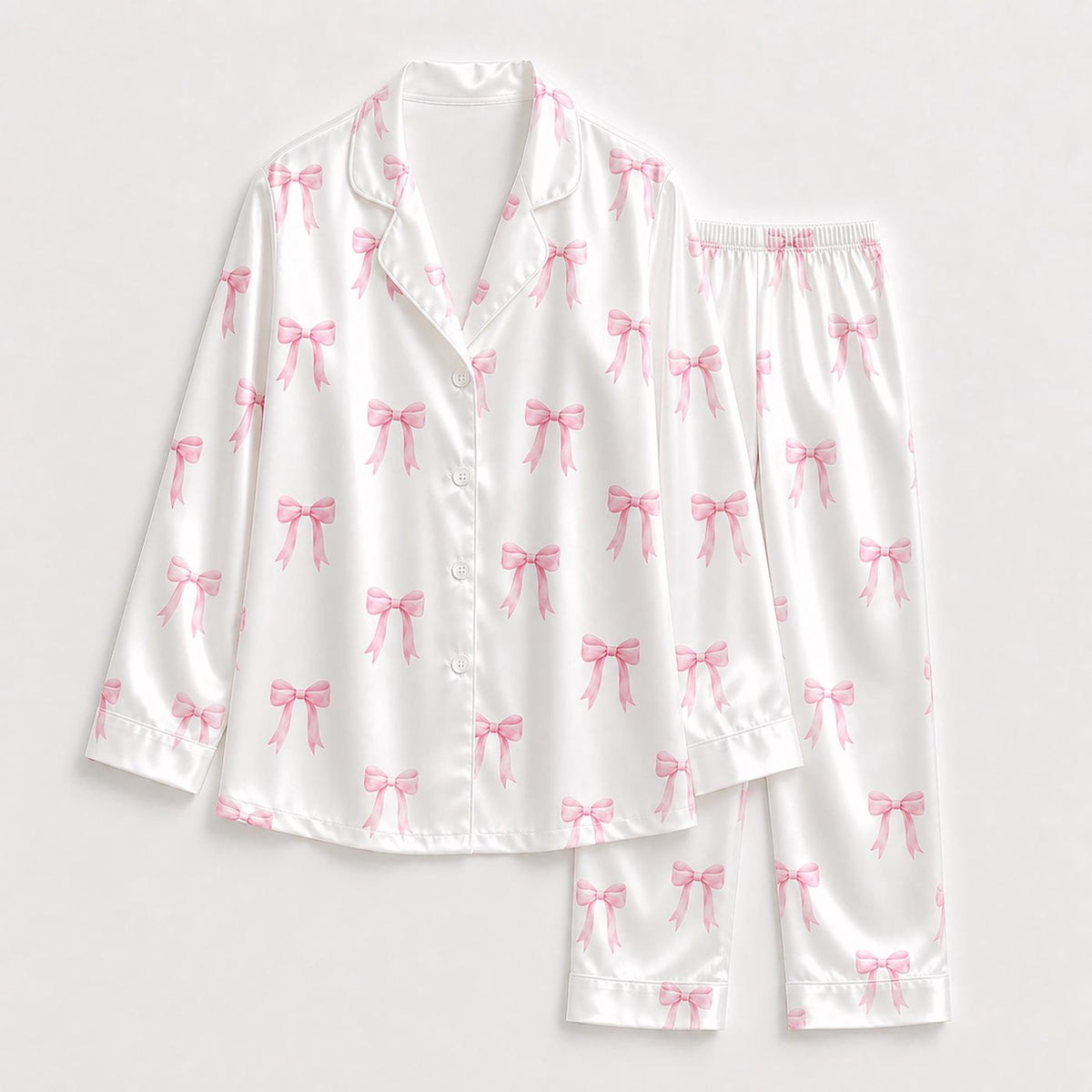 Balletcore Theme Satin Pajama Set with Pink Bow Graphic Pattern - Cozy Nightshirt Pjs Sleepwear Lounge Bundle