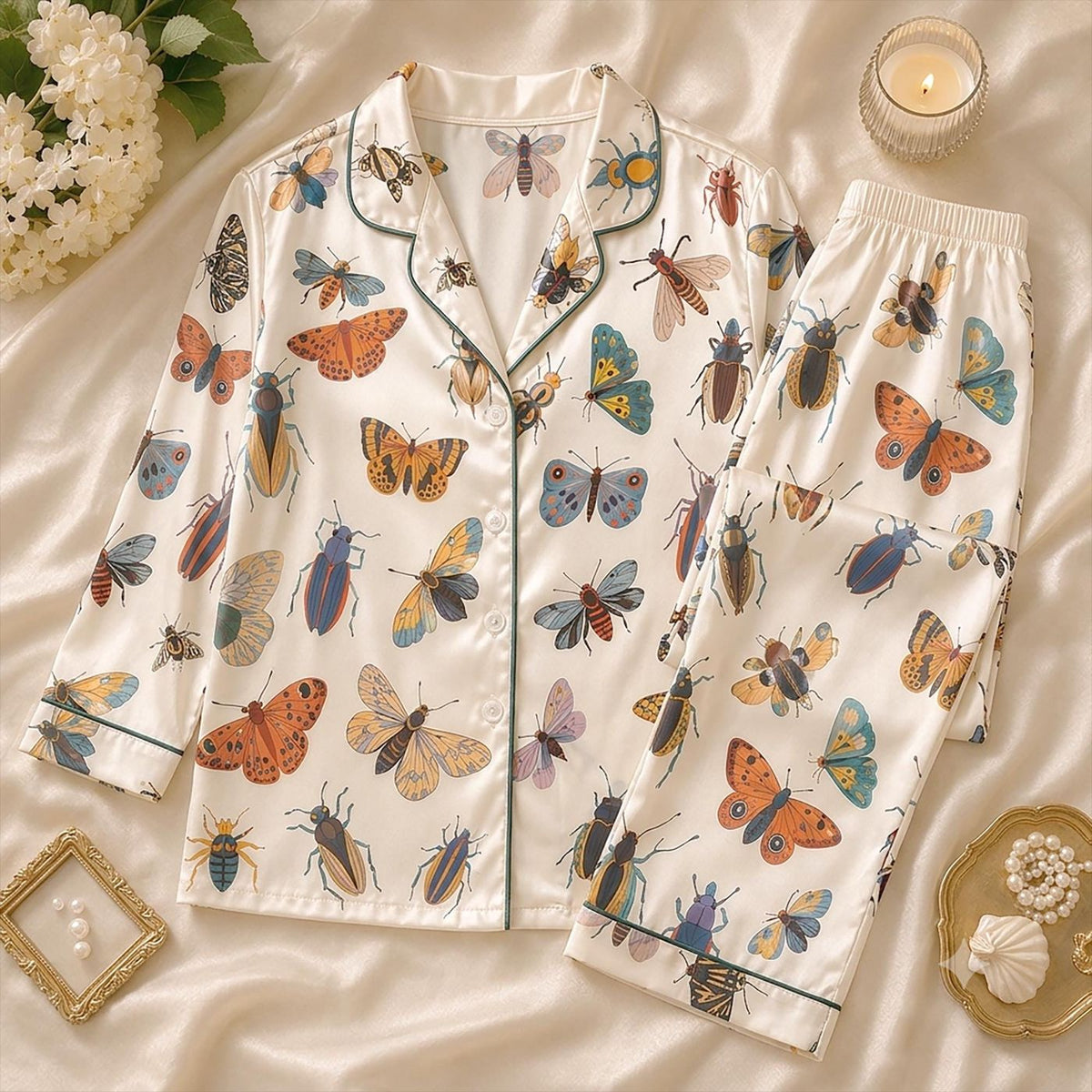 Be Kind to All Kinds Pajamas, Insect Butterfly Nature Lover Gift, Eco Friendly Wildlife Satin PJs Set