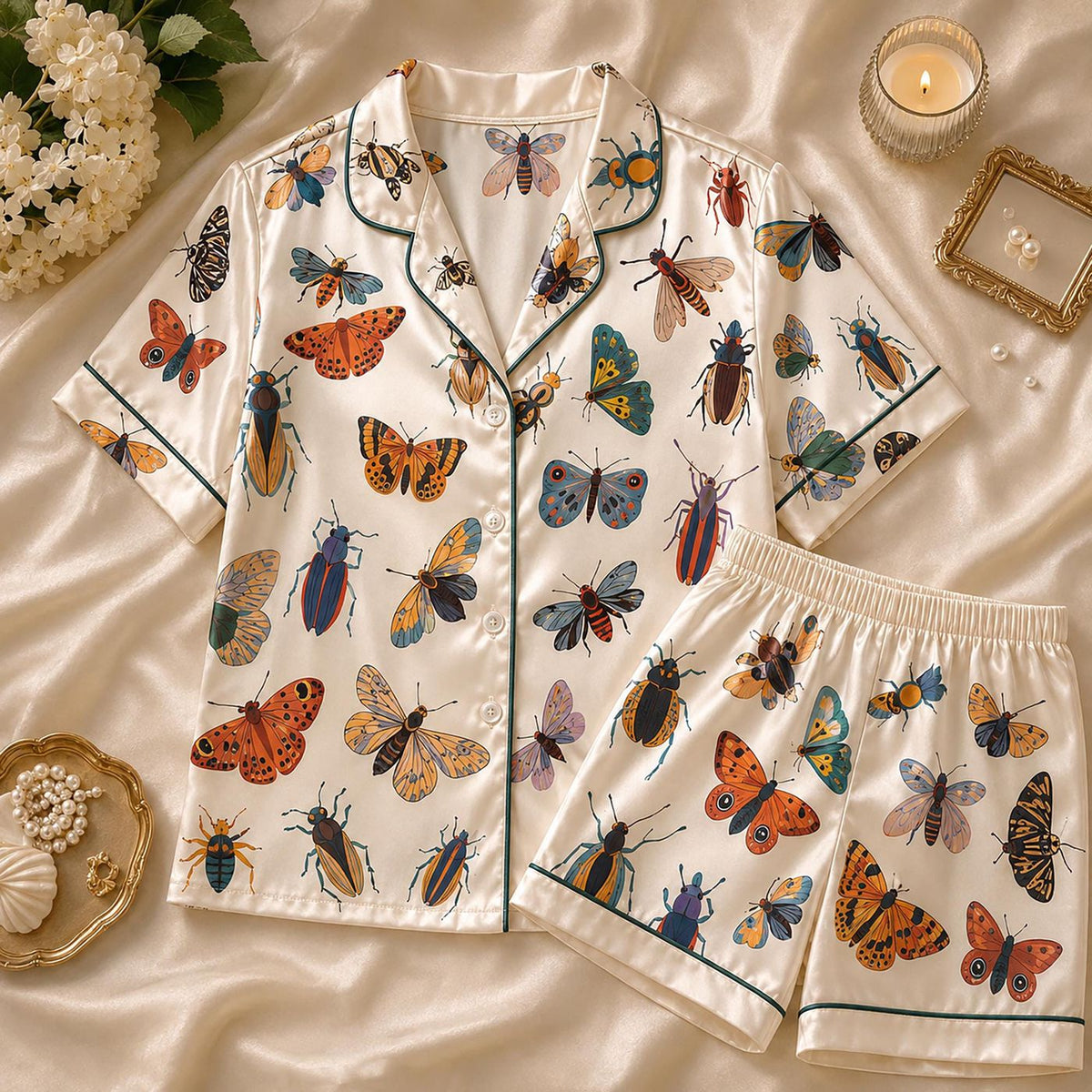 Be Kind to All Kinds Pajamas, Insect Butterfly Nature Lover Gift, Eco Friendly Wildlife Satin PJs Set