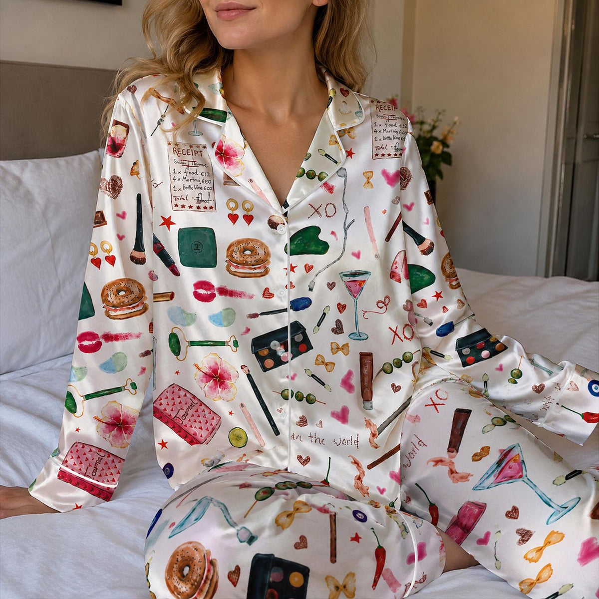Chic Satin Pajama Set with Makeup Perfume & Glam Hearts Pattern for Cozy Sleepwear