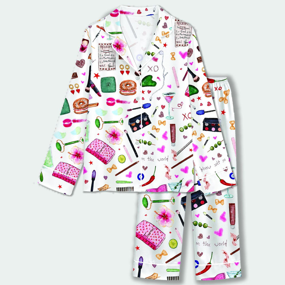 Chic Satin Pajama Set with Makeup Perfume & Glam Hearts Pattern for Cozy Sleepwear