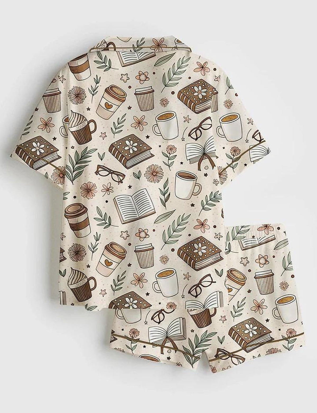 Beige Bookish Pajamas, Coffee and Books Satin PJ Set, Reading Lover Gift, Girly Book Worm Sleepwear, Aesthetic Librarian Gift, Book Club PJs