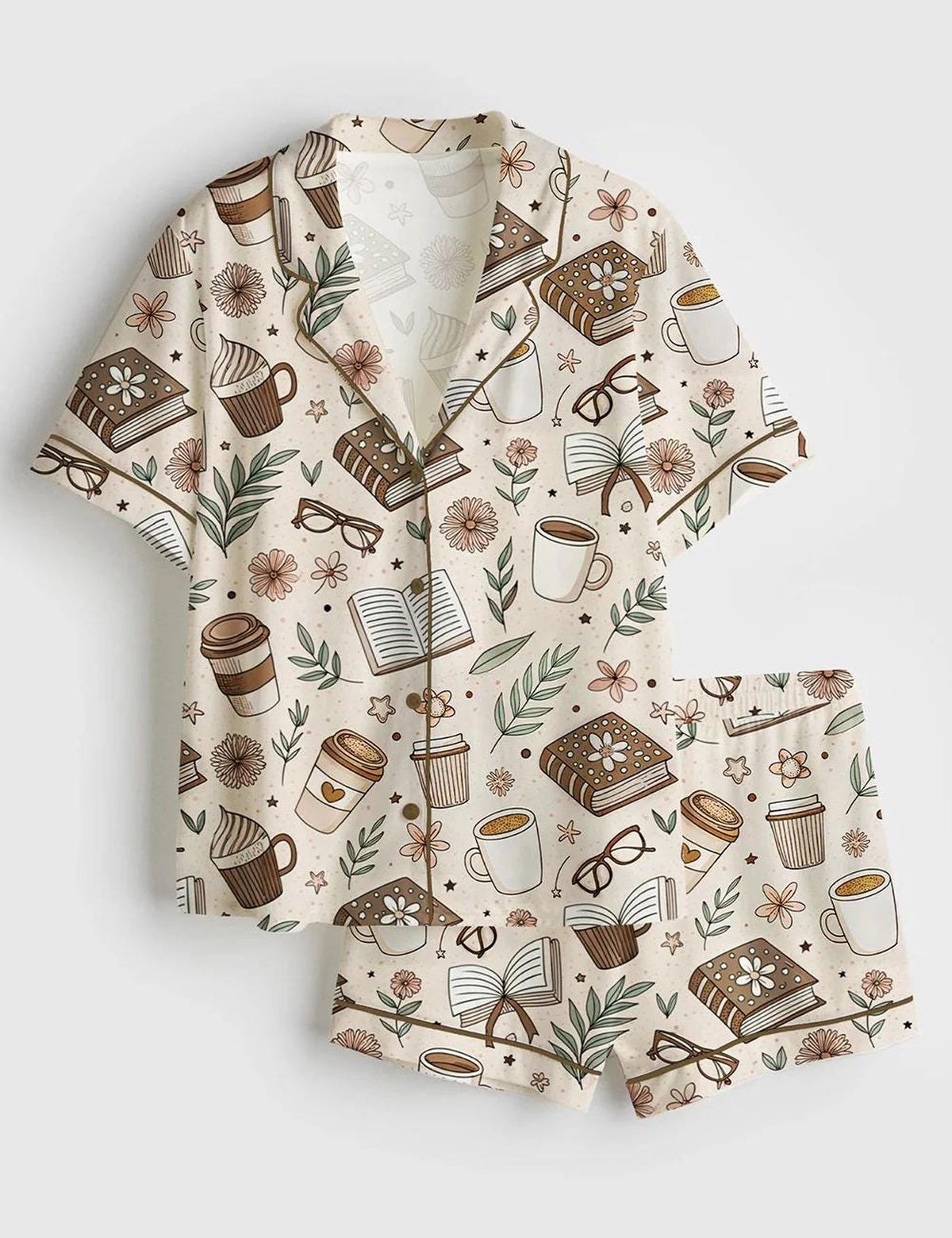 Beige Bookish Pajamas, Coffee and Books Satin PJ Set, Reading Lover Gift, Girly Book Worm Sleepwear, Aesthetic Librarian Gift, Book Club PJs