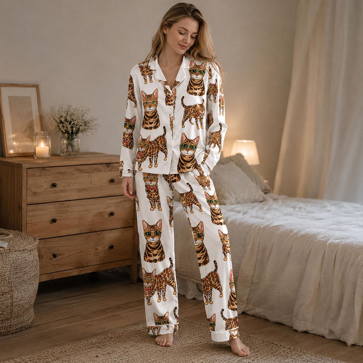 Bengal Cat Satin Pajama Set: Leopard Style Kitty Pattern for Cozy Sleepwear
