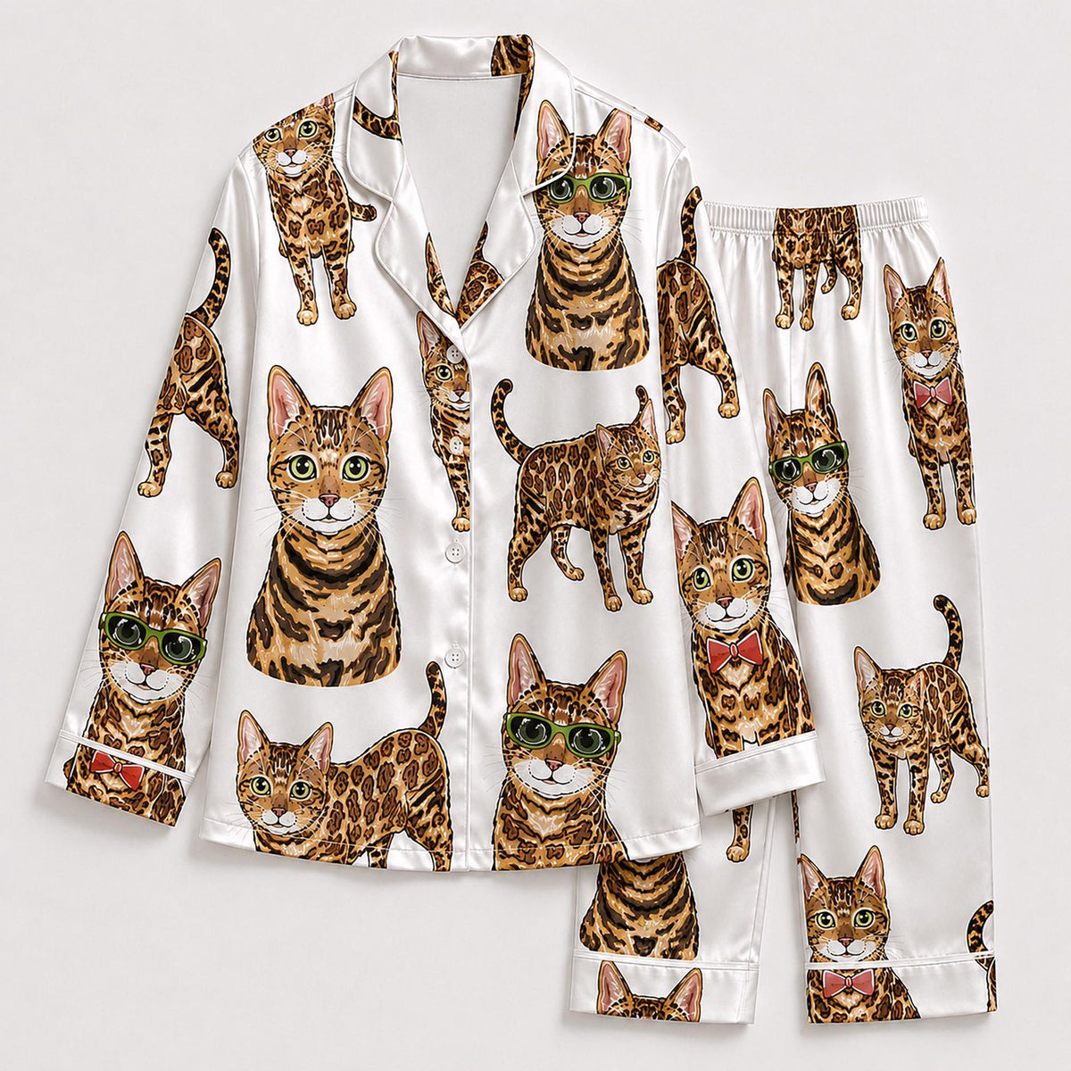 Bengal Cat Satin Pajama Set: Leopard Style Kitty Pattern for Cozy Sleepwear