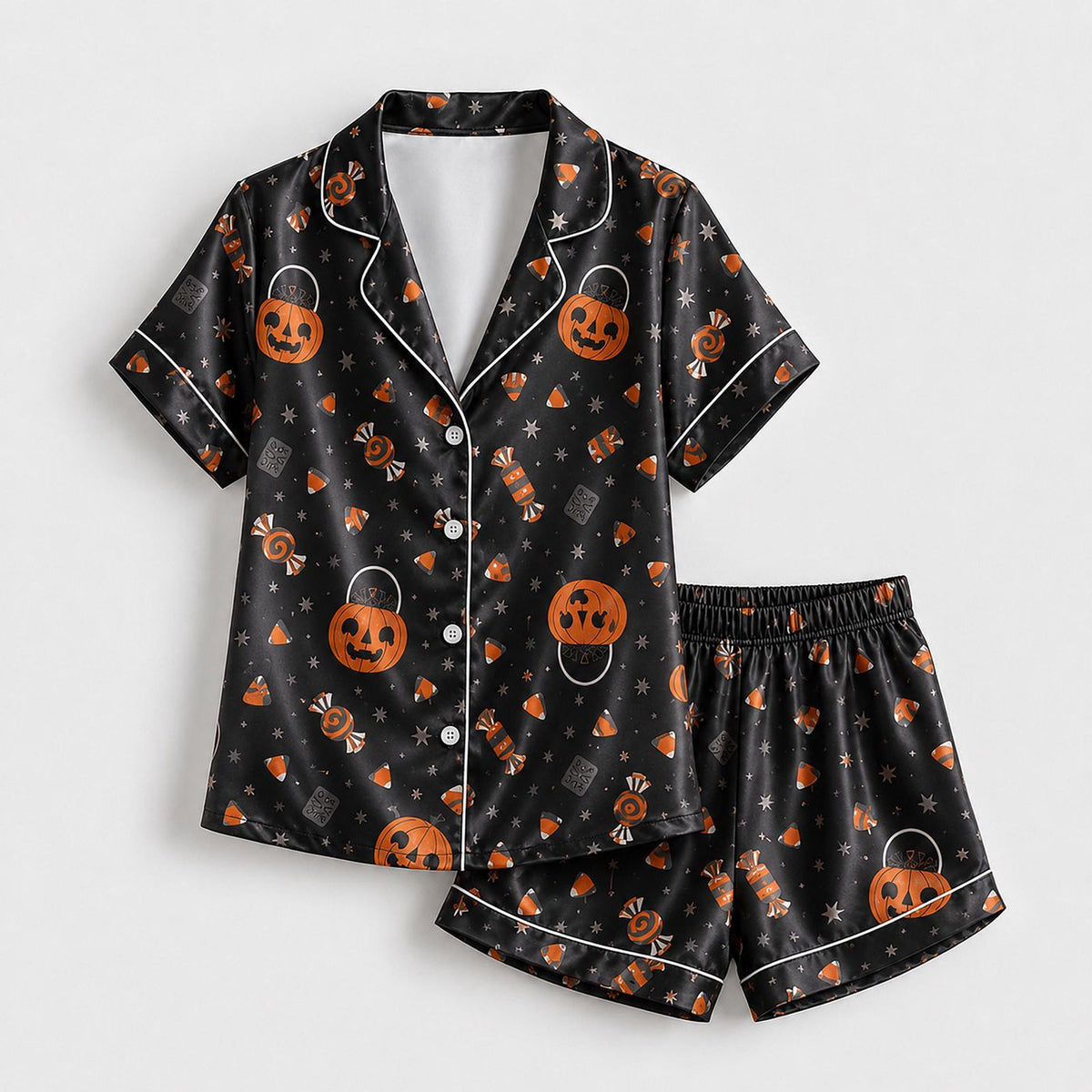 Bewitched Halloween Satin Pajama Set with Enchanting Seasonal Artwork - Spooky Sleepwear for Women
