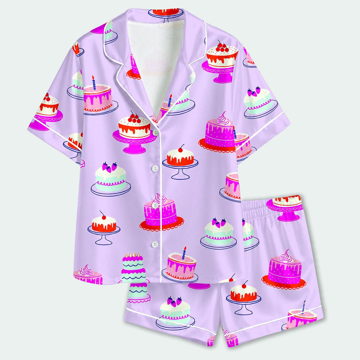 Colorful Birthday Cake Satin Pajama Set for Cozy Celebrations