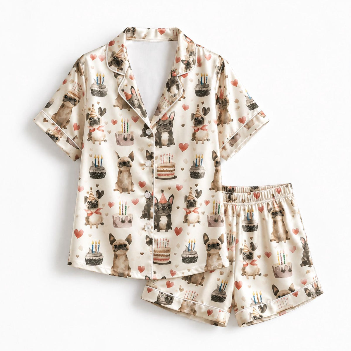 Cute Birthday Dog Satin Pajama Set: Cozy Sleepwear with Cake Candles & Hearts - Perfect Gift Idea for Dog Lovers