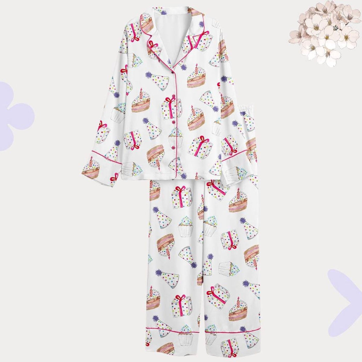 Pastel Birthday Party Pajama Set with Cake & Cupcake - Fun Birthday Outfit PJs