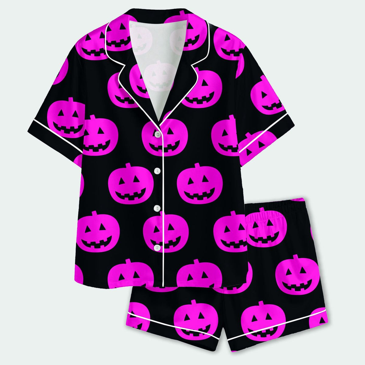 Spooky Halloween Sleepwear: Black & Hot Pink Pumpkin Satin Pajama Set with Jack O Lantern Pattern