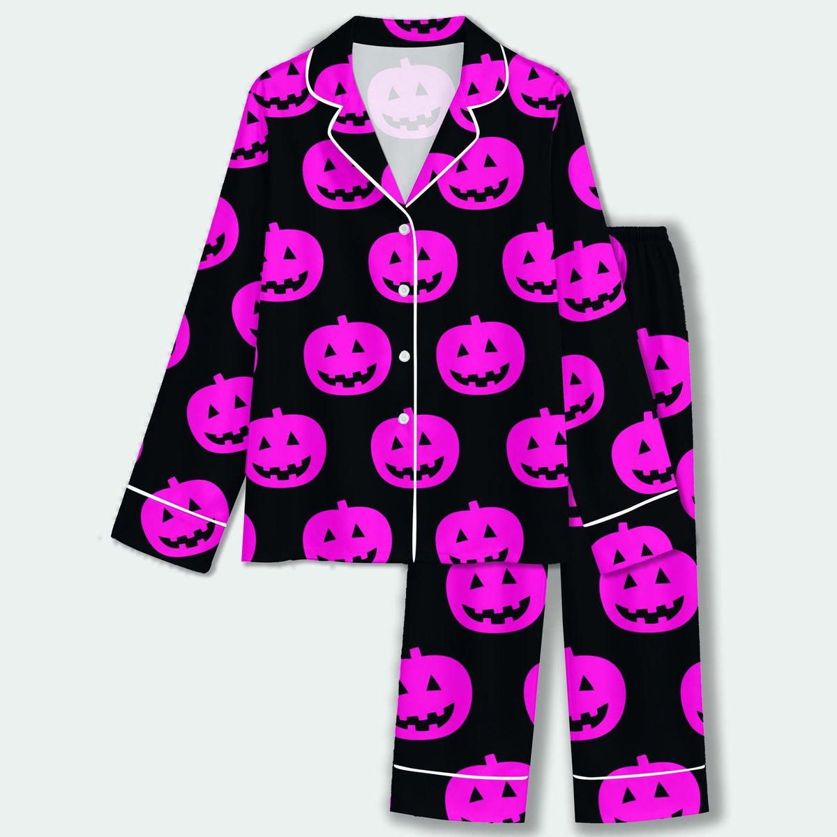 Spooky Halloween Sleepwear: Black & Hot Pink Pumpkin Satin Pajama Set with Jack O Lantern Pattern