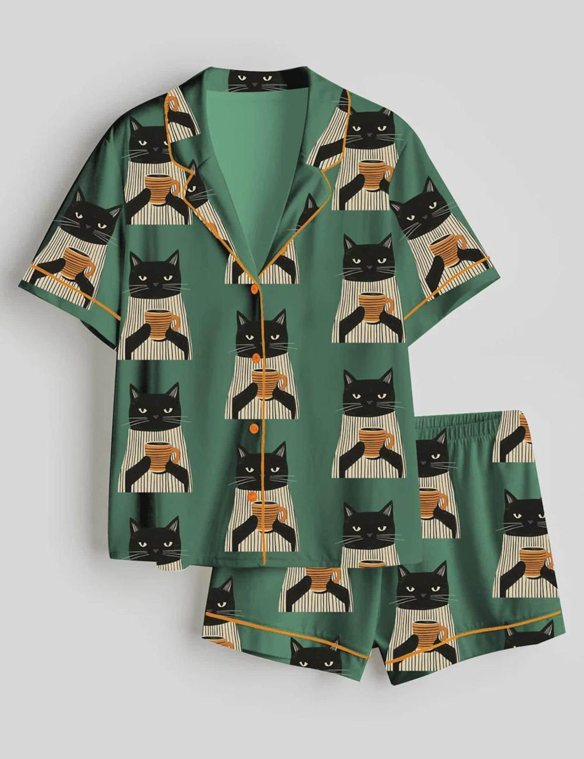 Black Cat Coffee Pajama Set Dark Green Sleepwear Cozy Loungewear