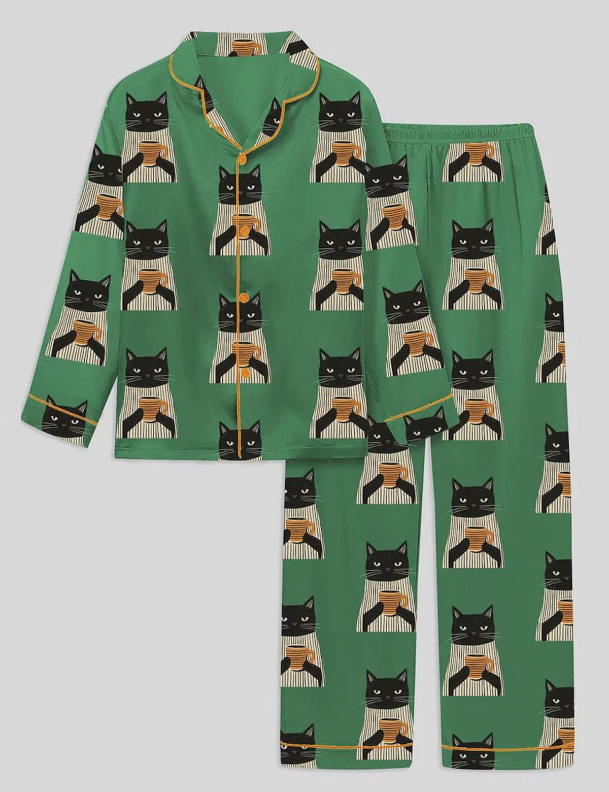 Black Cat Coffee Pajama Set Dark Green Sleepwear Cozy Loungewear